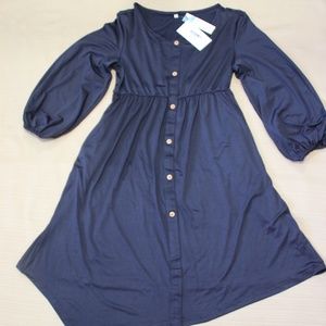 Round Neck Casual Maternity Dress with Asymmetric Hem, Pockets & Lantern Sleeves